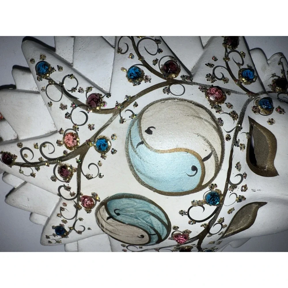 Vintage 90s Handmade Ceramic Starburst Gold/Silver Floral Wall Mask Italy‎